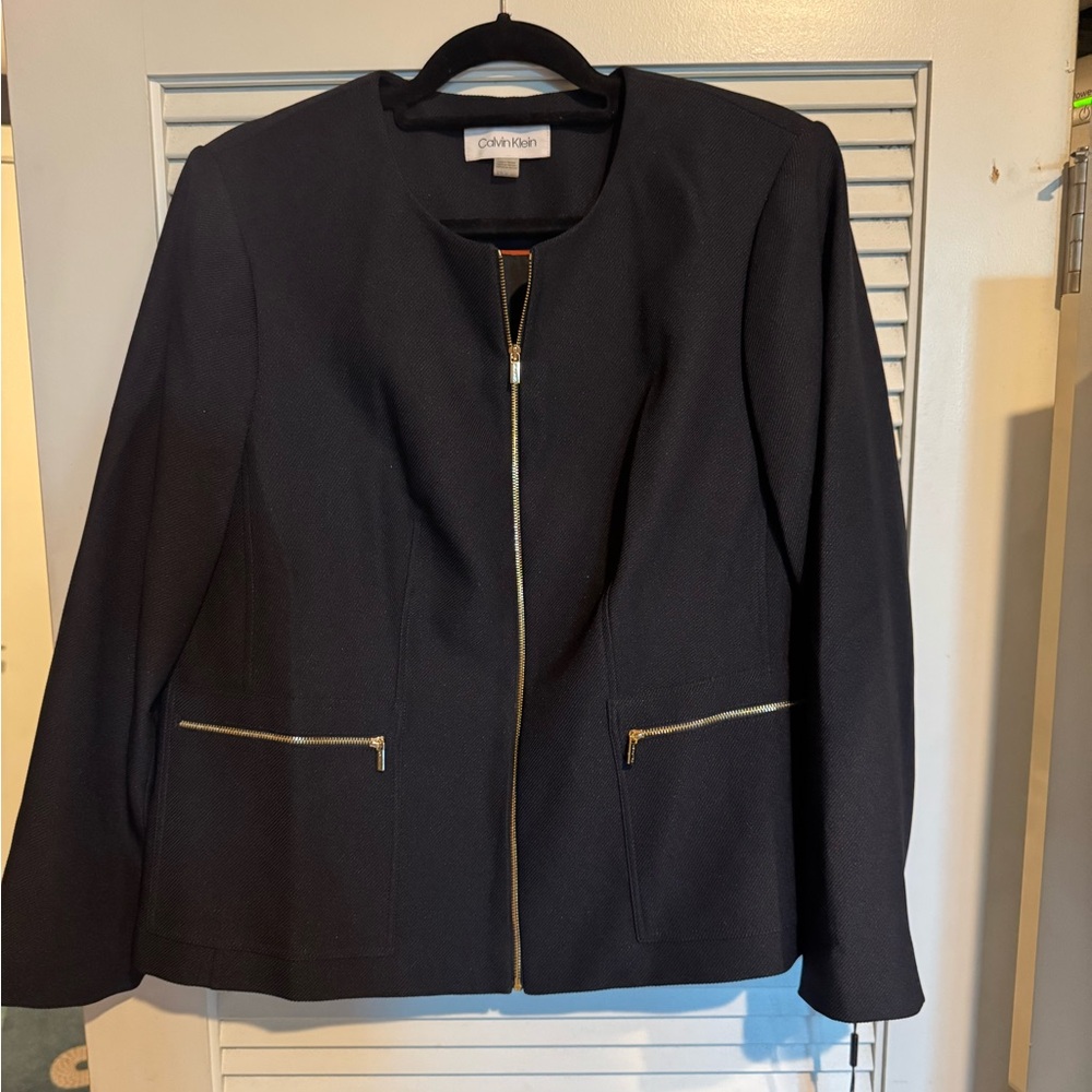 Calvin Klein Woven Women's Navy Blue Blazer with Gold Accents Size 16W